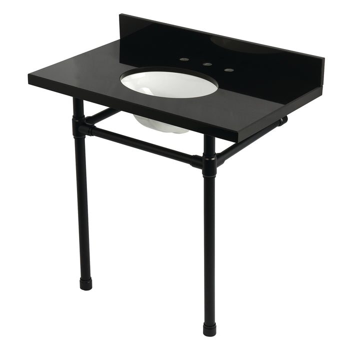 Kingston Tulare KVPK36K80ST - Dreyfuss 36-Inch Black Granite Console Sink with Stainless Steel Legs (8-Inch, 3-Hole), Black Granite/Matte Black