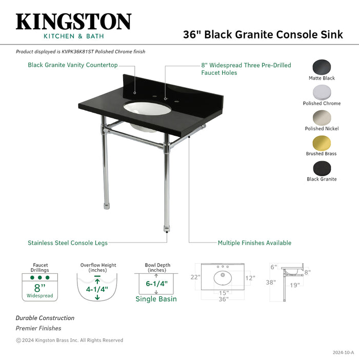 Kingston Tulare KVPK36K87ST - Dreyfuss 36-Inch Black Granite Console Sink with Stainless Steel Legs (8-Inch, 3-Hole), Black Granite/Brushed Brass