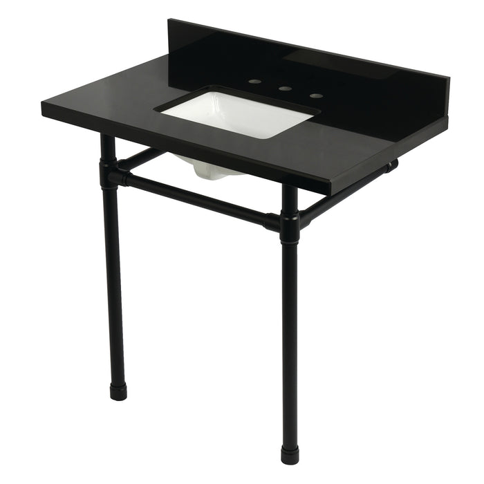 Kingston Tulare KVPK36K8SQ0ST - Dreyfuss 36-Inch Black Granite Console Sink with Stainless Steel Legs (8-Inch, 3-Hole), Black Granite/Matte Black