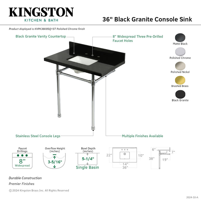 Kingston Tulare KVPK36K8SQ6ST - Dreyfuss 36-Inch Black Granite Console Sink with Stainless Steel Legs (8-Inch, 3-Hole), Black Granite/Polished Nickel