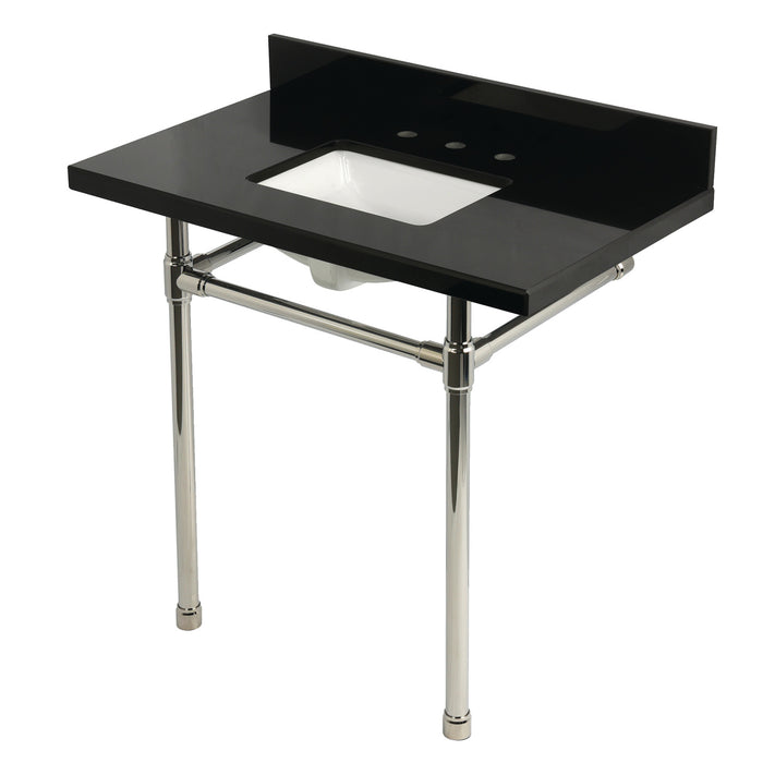Kingston Tulare KVPK36K8SQ6ST - Dreyfuss 36-Inch Black Granite Console Sink with Stainless Steel Legs (8-Inch, 3-Hole), Black Granite/Polished Nickel