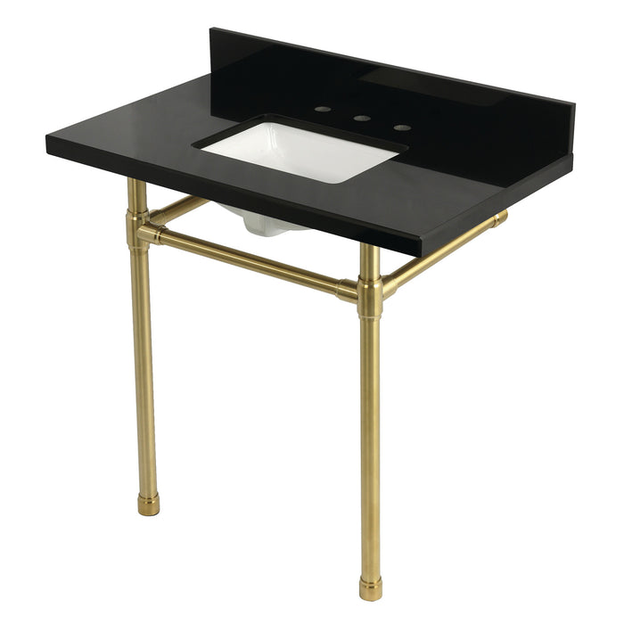 Kingston Tulare KVPK36K8SQ7ST - Dreyfuss 36-Inch Black Granite Console Sink with Stainless Steel Legs (8-Inch, 3-Hole), Black Granite/Brushed Brass