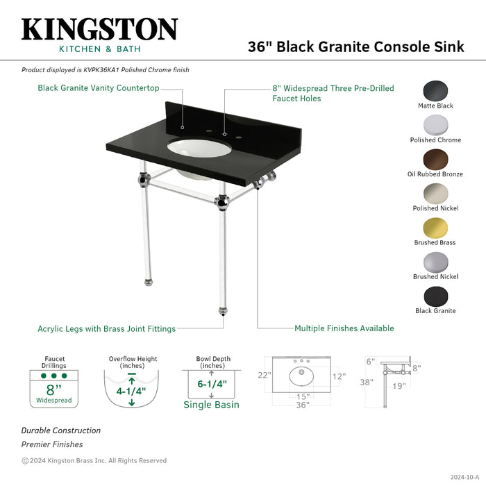 Kingston Tulare KVPK36KA7 - Templeton 36-Inch Black Granite Console Sink with Acrylic Legs (8-Inch, 3-Hole), Black Granite/Brushed Brass