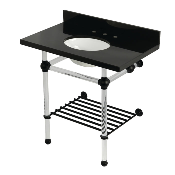 Kingston Tulare KVPK36KAB0 - Templeton 36-Inch Black Granite Console Sink with Acrylic Legs and Shelf (8-Inch, 3-Hole), Black Granite/Matte Black