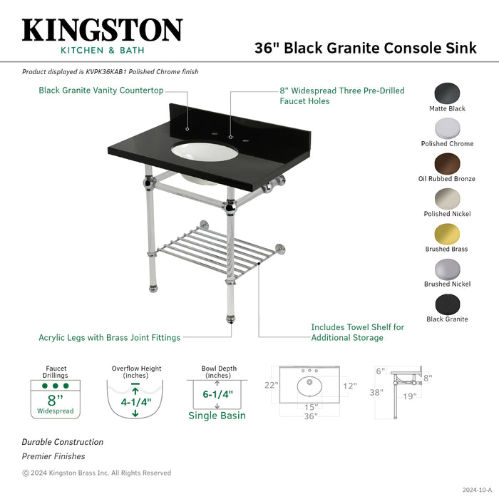 Kingston Tulare KVPK36KAB7 - Templeton 36-Inch Black Granite Console Sink with Acrylic Legs and Shelf (8-Inch, 3-Hole), Black Granite/Brushed Brass