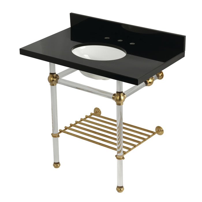 Kingston Tulare KVPK36KAB7 - Templeton 36-Inch Black Granite Console Sink with Acrylic Legs and Shelf (8-Inch, 3-Hole), Black Granite/Brushed Brass