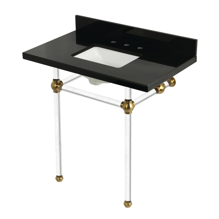 Kingston Tulare KVPK36KASQ7 - Templeton 36-Inch Black Granite Console Sink with Acrylic Legs (8-Inch, 3-Hole), Black Granite/Brushed Brass