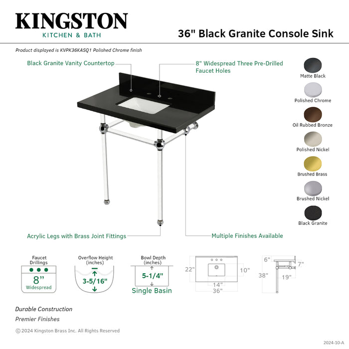 Kingston Tulare KVPK36KASQ8 - Templeton 36-Inch Black Granite Console Sink with Acrylic Legs (8-Inch, 3-Hole), Black Granite/Brushed Nickel