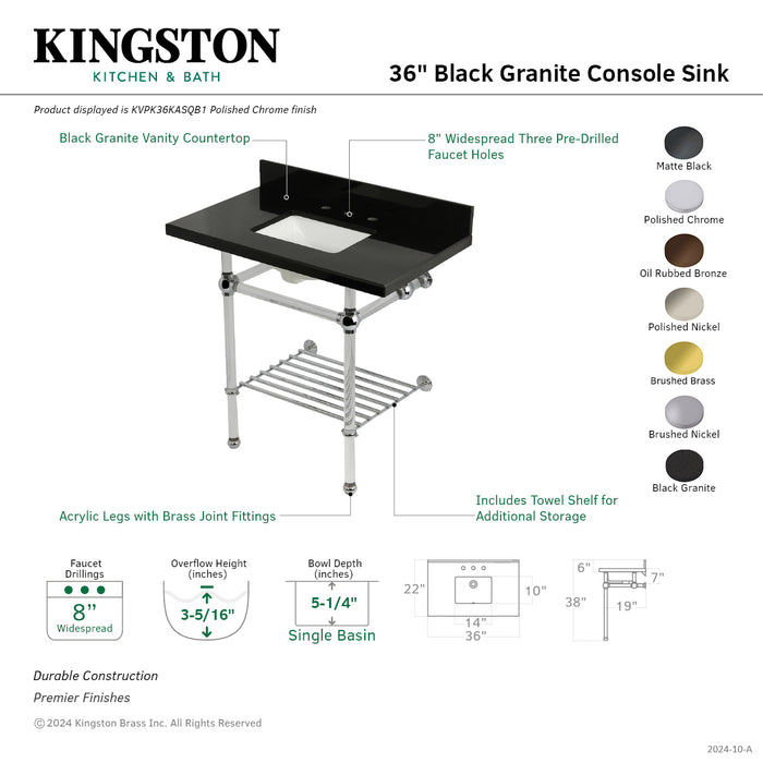 Kingston Tulare KVPK36KASQB1 - Templeton 36-Inch Black Granite Console Sink with Acrylic Legs and Shelf (8-Inch, 3-Hole), Black Granite/Polished Chrome