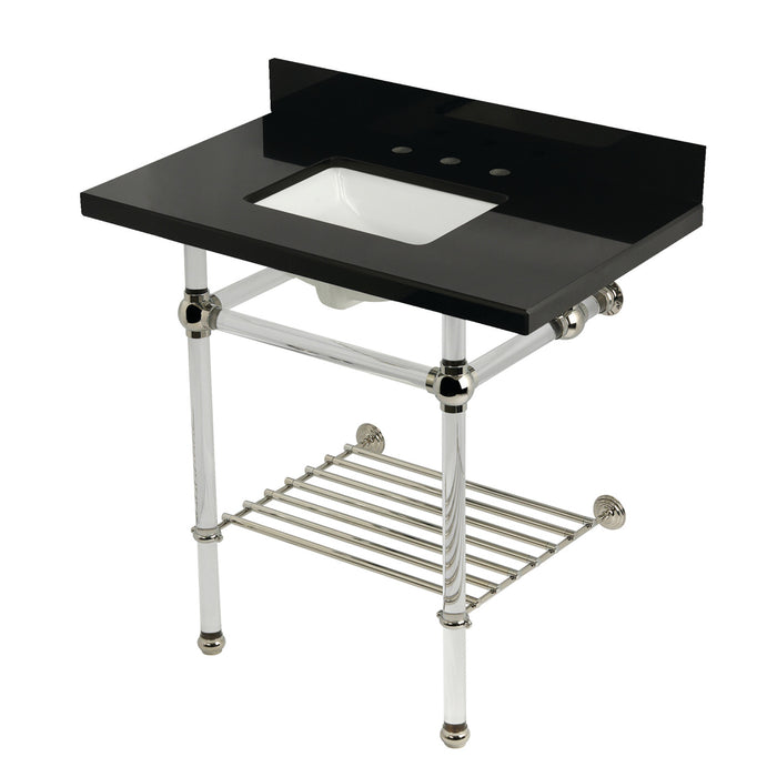 Kingston Tulare KVPK36KASQB6 - Templeton 36-Inch Black Granite Console Sink with Acrylic Legs and Shelf (8-Inch, 3-Hole), Black Granite/Polished Nickel