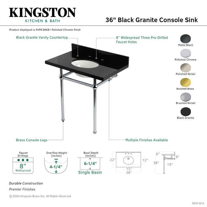 Kingston Heirloom KVPK36KB1 - Templeton 36-Inch Black Granite Console Sink with Brass Legs (8-Inch, 3-Hole), Black Granite/Polished Chrome