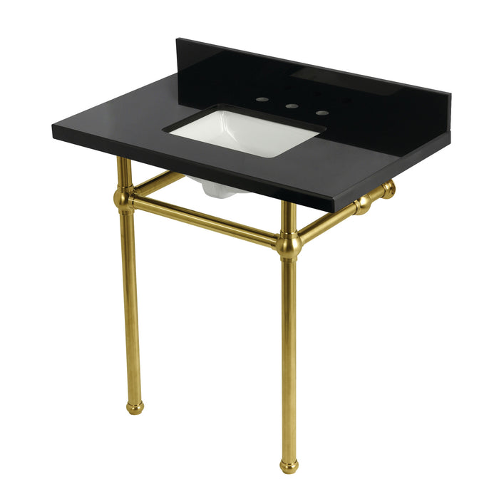 Kingston Heirloom KVPK36KBSQ7 - Templeton 36-Inch Black Granite Console Sink with Brass Legs (8-Inch, 3-Hole), Black Granite/Brushed Brass