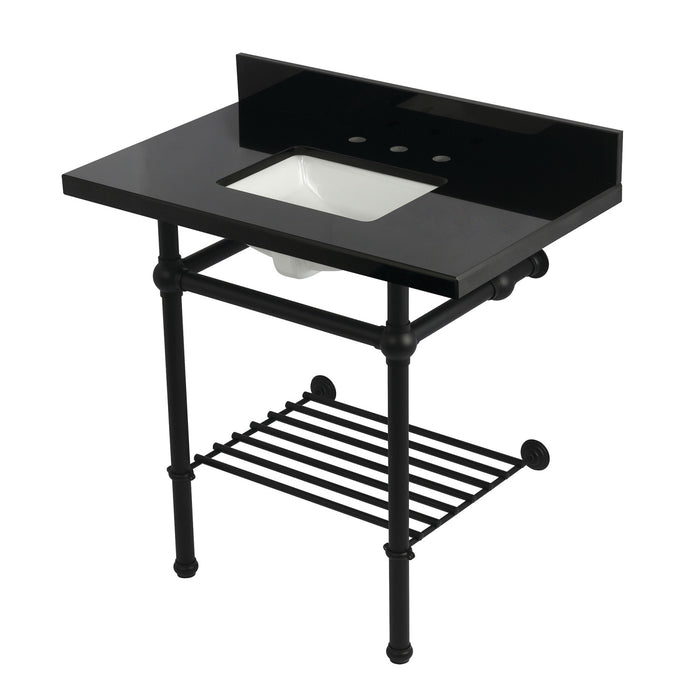 Kingston Heirloom KVPK36KBSQB0 - Templeton 36-Inch Black Granite Console Sink with Brass Legs and Shelf (8-Inch, 3-Hole), Black Granite/Matte Black