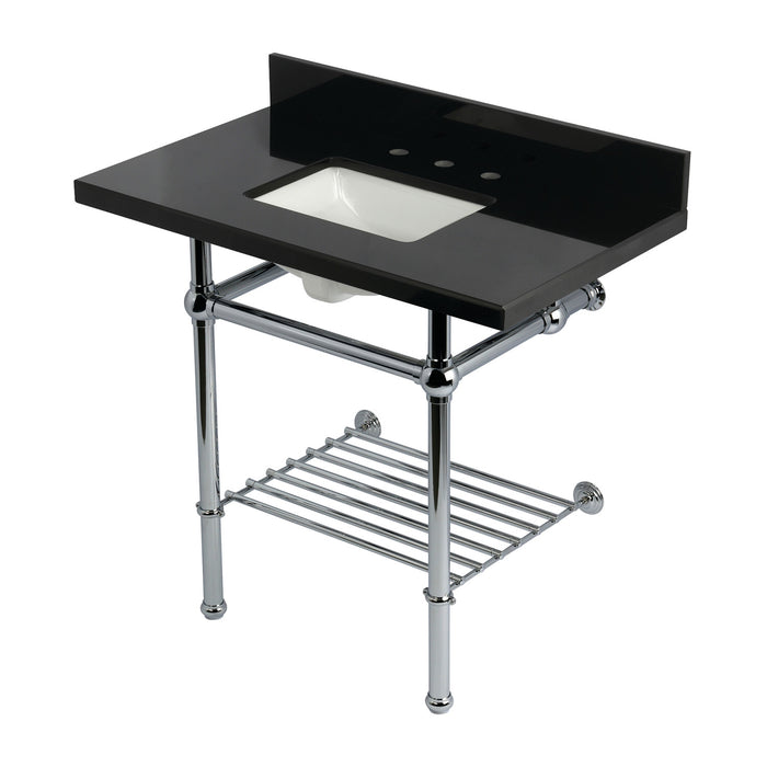 Kingston Heirloom KVPK36KBSQB1 - Templeton 36-Inch Black Granite Console Sink with Brass Legs and Shelf (8-Inch, 3-Hole), Black Granite/Polished Chrome