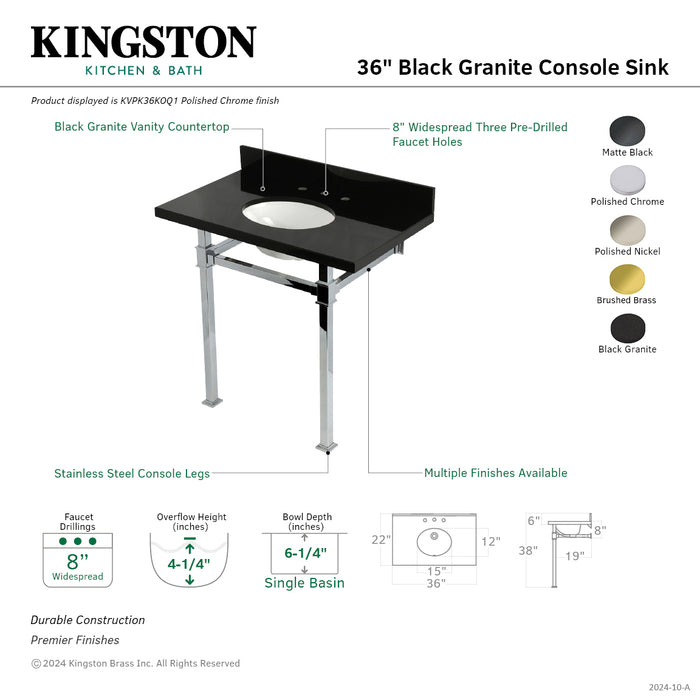 Kingston Sona KVPK36KOQ0 - Monarch 36-Inch Black Granite Console Sink with Stainless Steel Legs (8-Inch, 3-Hole), Black Granite/Matte Black