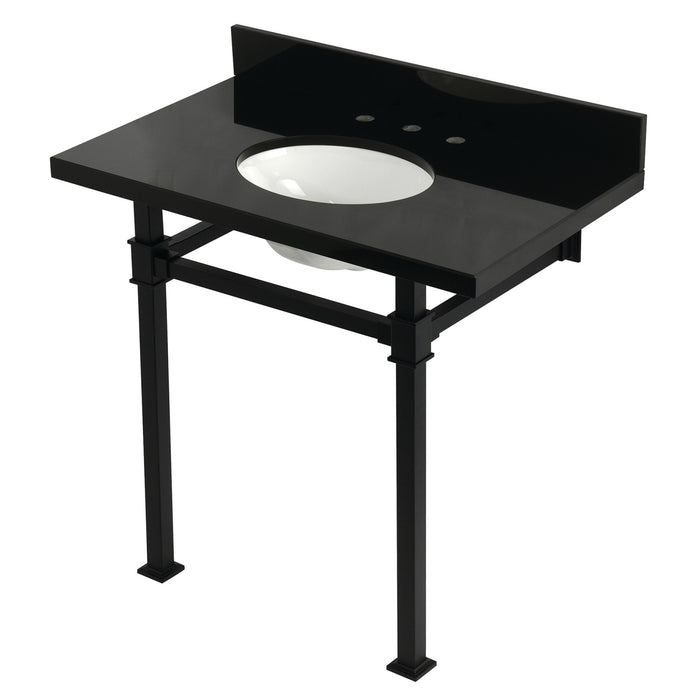 Kingston Sona KVPK36KOQ0 - Monarch 36-Inch Black Granite Console Sink with Stainless Steel Legs (8-Inch, 3-Hole), Black Granite/Matte Black