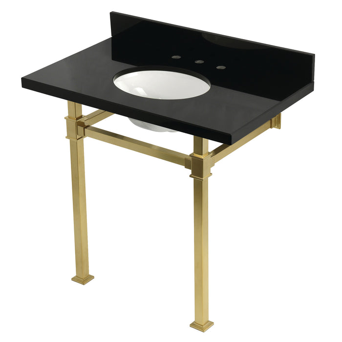 Kingston Sona KVPK36KOQ7 - Monarch 36-Inch Black Granite Console Sink with Stainless Steel Legs (8-Inch, 3-Hole), Black Granite/Brushed Brass