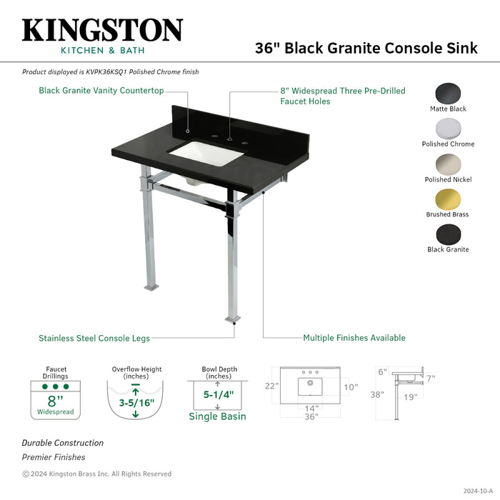Kingston Sona KVPK36KSQ1 - Monarch 36-Inch Black Granite Console Sink with Stainless Steel Legs (8-Inch, 3-Hole), Black Granite/Polished Chrome