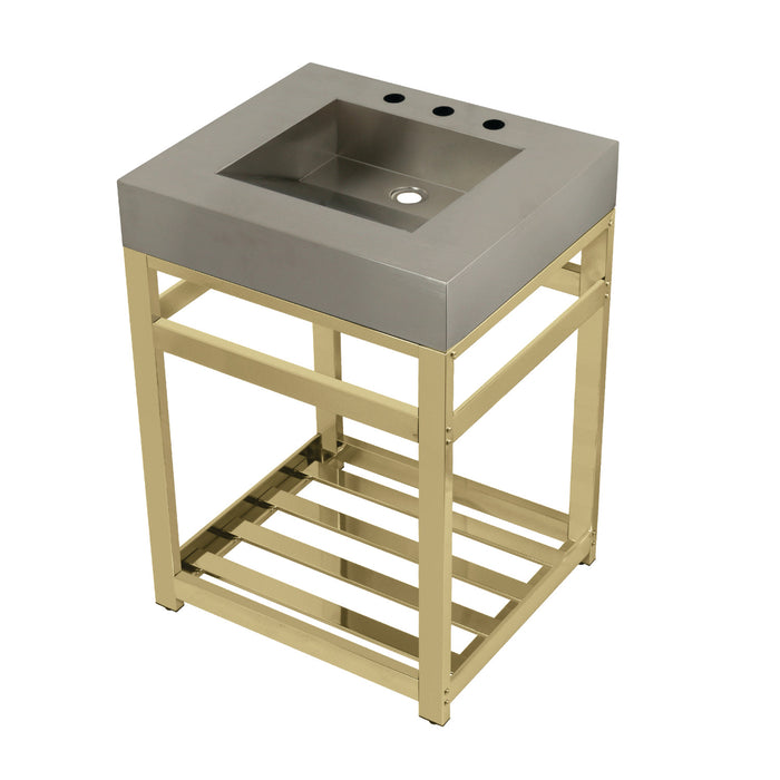 Kingston Sona KVSP2522A2 - Kingston Commercial 25-Inch Stainless Steel Console Sink with Steel Base (8-Inch, 3-Hole), Brushed Stainless Steel/Polished Brass