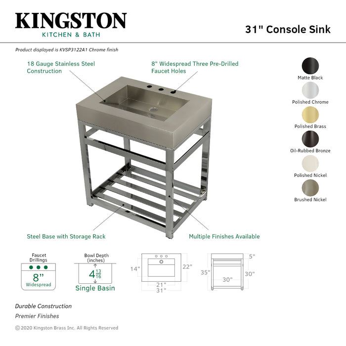 Kingston Sona KVSP3122A0 - Kingston Commercial 31-Inch Stainless Steel Console Sink with Steel Base (8-Inch, 3-Hole), Brushed Stainless Steel/Matte Black
