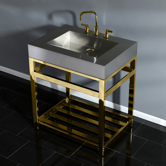 Kingston Sona KVSP3122A2 - Kingston Commercial 31-Inch Stainless Steel Console Sink with Steel Base (8-Inch, 3-Hole), Brushed Stainless Steel/Polished Brass
