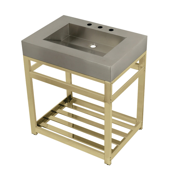 Kingston Sona KVSP3122A2 - Kingston Commercial 31-Inch Stainless Steel Console Sink with Steel Base (8-Inch, 3-Hole), Brushed Stainless Steel/Polished Brass