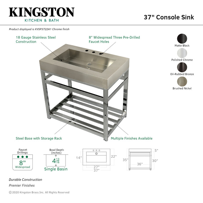 Kingston Kingston Commercial KVSP3722A1 37-Inch Stainless Steel Console Sink with Steel Base and Glass Shelf (8-Inch, 3-Hole), Brushed Stainless Steel/Polished Chrome