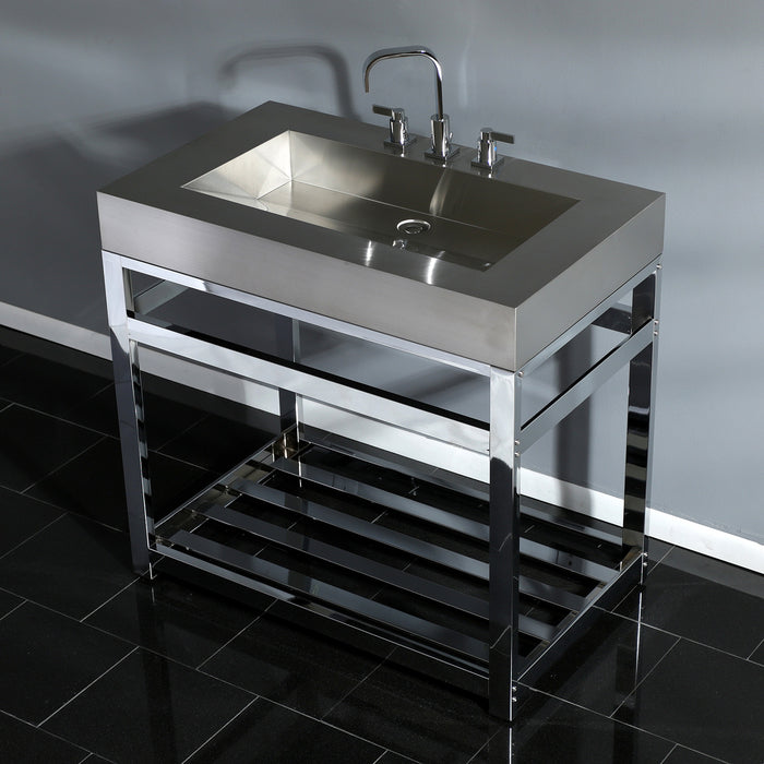 Kingston Kingston Commercial KVSP3722A1 37-Inch Stainless Steel Console Sink with Steel Base and Glass Shelf (8-Inch, 3-Hole), Brushed Stainless Steel/Polished Chrome