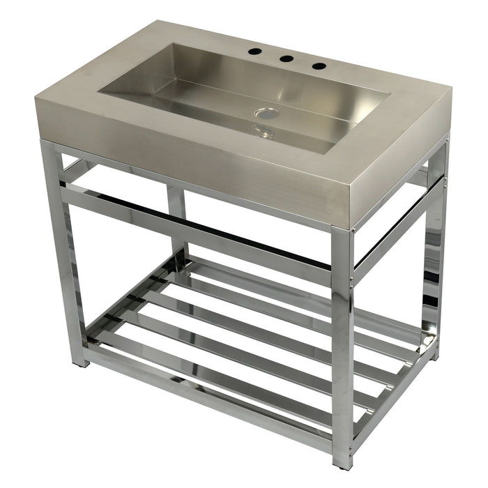 Kingston Kingston Commercial KVSP3722A1 37-Inch Stainless Steel Console Sink with Steel Base and Glass Shelf (8-Inch, 3-Hole), Brushed Stainless Steel/Polished Chrome