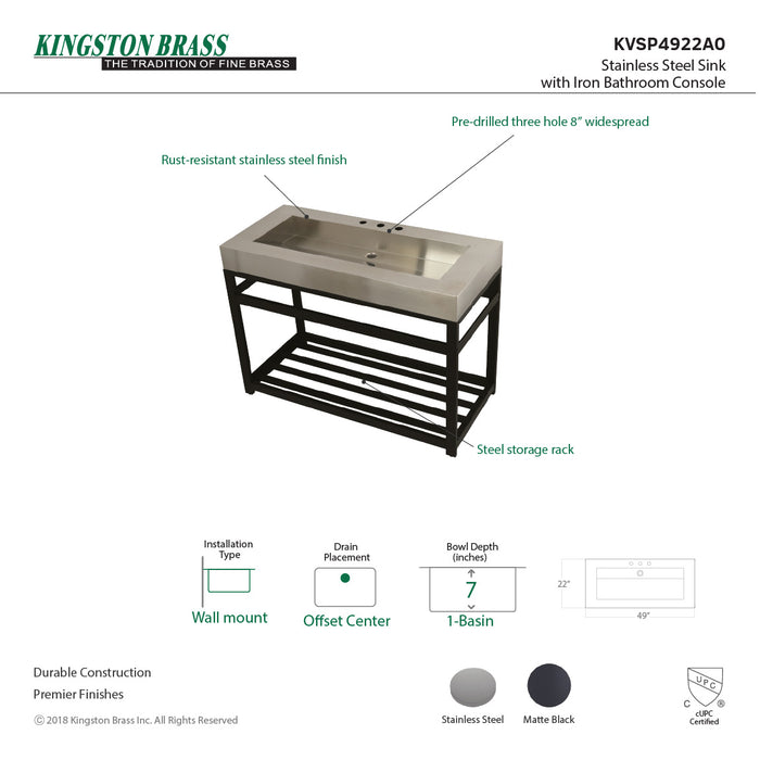 Kingston Sona KVSP4922A0 - Kingston Commercial 49-Inch Stainless Steel Console Sink with Steel Base (8-Inch, 3-Hole), Brushed Stainless Steel/Matte Black