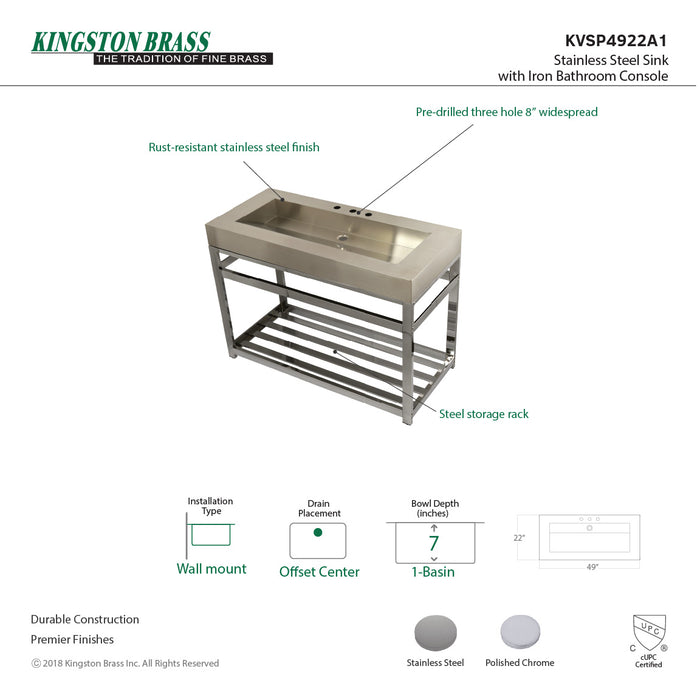 Kingston Sona KVSP4922A1 - Kingston Commercial 49-Inch Stainless Steel Console Sink with Steel Base (8-Inch, 3-Hole), Brushed Stainless Steel/Polished Chrome