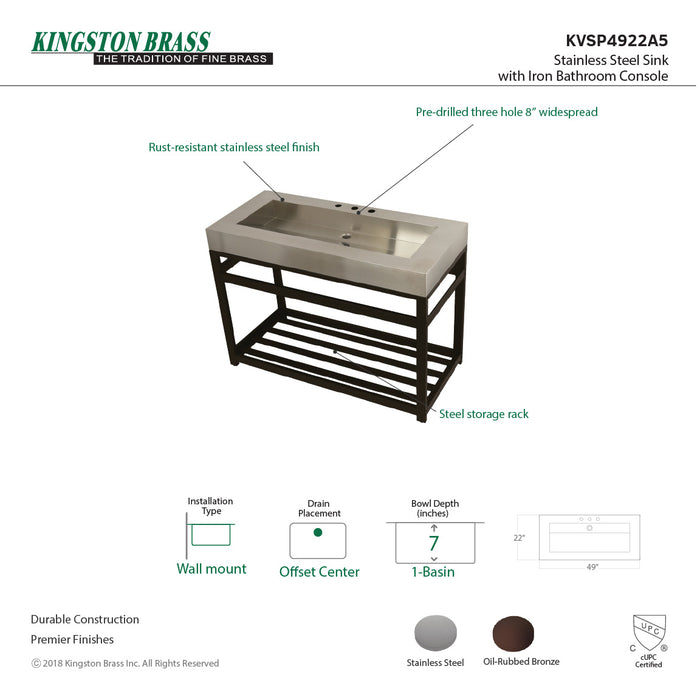 Kingston Sona KVSP4922A5 - Kingston Commercial 49-Inch Stainless Steel Console Sink with Steel Base (8-Inch, 3-Hole), Brushed Stainless Steel/Oil Rubbed Bronze
