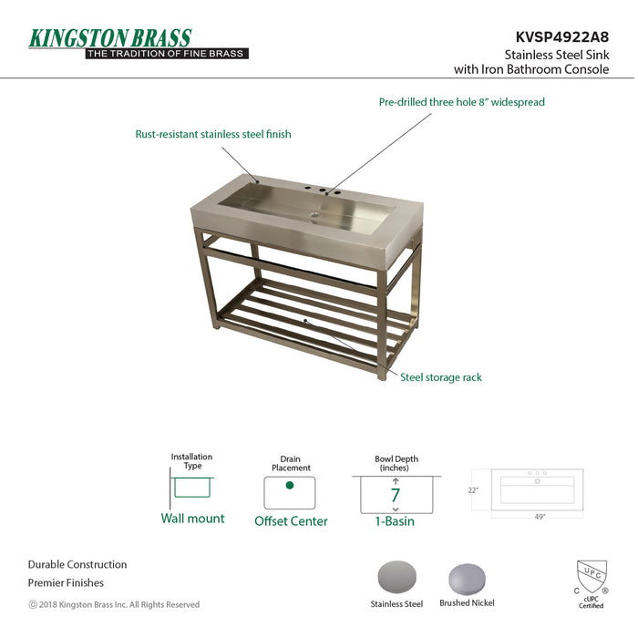 Kingston Sona KVSP4922A8 - Kingston Commercial 49-Inch Stainless Steel Console Sink with Steel Base (8-Inch, 3-Hole), Brushed Stainless Steel/Brushed Nickel
