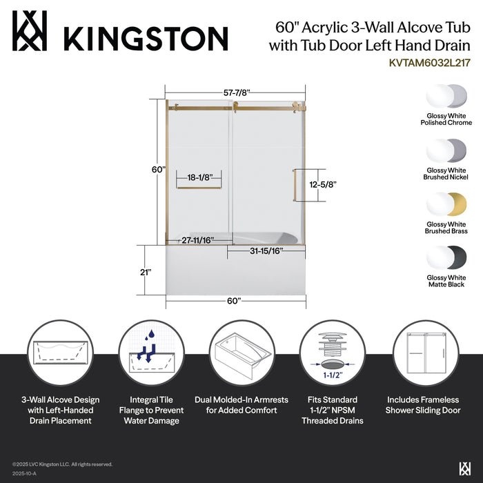 Kingston Tulare KVTAM6032L21060-Inch Acrylic Rectangular 3-Wall Alcove Tub Combo with Tub Door (Left Hand Drain), White/Matte Black