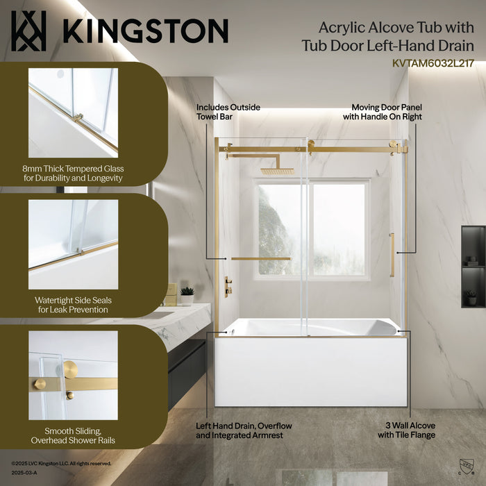 KVTAM6032L217 60-Inch Acrylic Rectangular 3-Wall Alcove Tub Combo with Tub Door (Left Hand Drain), White/Brushed Brass