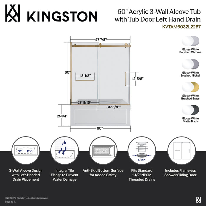 Kingston Tulare KVTAM6032L22B160-Inch Acrylic Rectangular 3-Wall Anti-Skid Alcove Tub Combo with Tub Door (Left Hand Drain), White/Polished Chrome