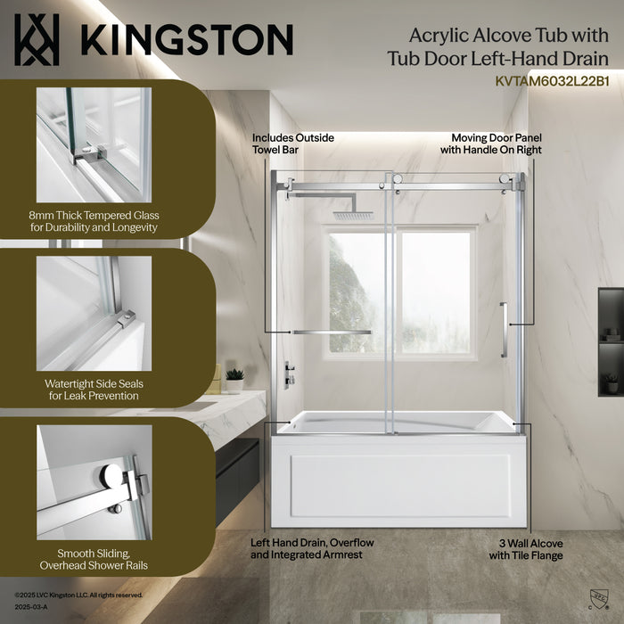 Kingston Tulare KVTAM6032L22B760-Inch Acrylic Rectangular 3-Wall Anti-Skid Alcove Tub Combo with Tub Door (Left Hand Drain), White/Brushed Brass