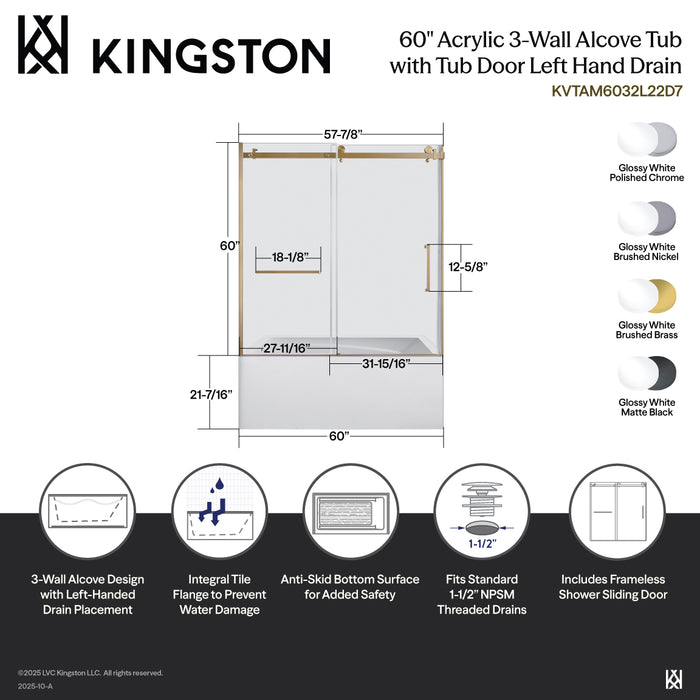 KVTAM6032L22D1 60-Inch Acrylic Rectangular 3-Wall Anti-Skid Alcove Tub Combo with Tub Door (Left Hand Drain), White/Polished Chrome