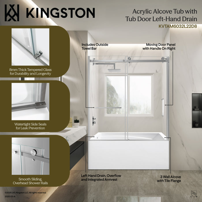 Kingston Tulare KVTAM6032L22D860-Inch Acrylic Rectangular 3-Wall Anti-Skid Alcove Tub Combo with Tub Door (Left Hand Drain), White/Brushed Nickel