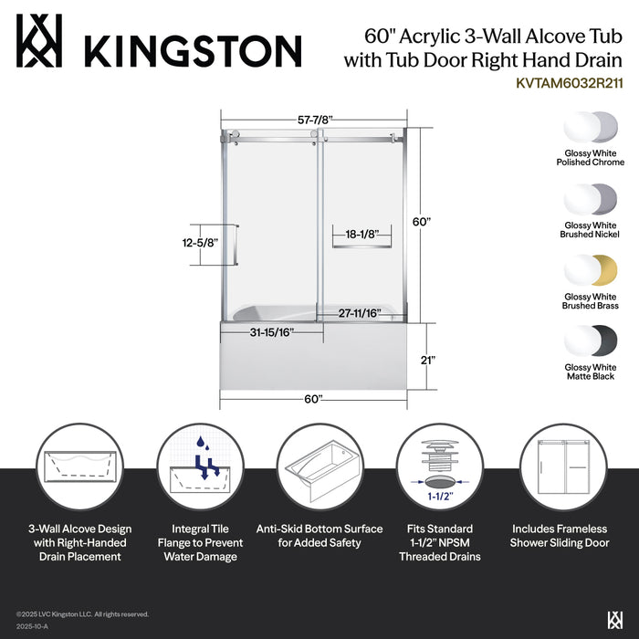Kingston Tulare KVTAM6032R21060-Inch Acrylic Rectangular 3-Wall Alcove Tub Combo with Tub Door (Right Hand Drain), White/Matte Black