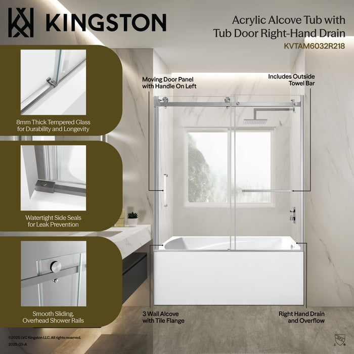 Kingston Tulare KVTAM6032R21860-Inch Acrylic Rectangular 3-Wall Alcove Tub Combo with Tub Door (Right Hand Drain), White/Brushed Nickel