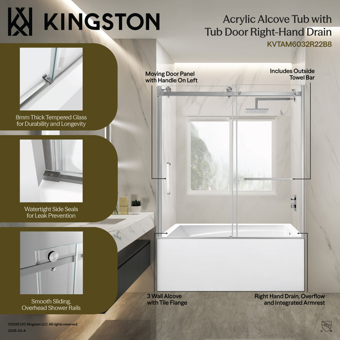 Kingston Tulare KVTAM6032R22B060-Inch Acrylic Rectangular 3-Wall Anti-Skid Alcove Tub Combo with Tub Door (Right Hand Drain), White/Matte Black