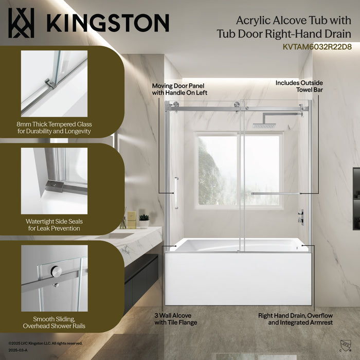 Kingston Tulare KVTAM6032R22D160-Inch Acrylic Rectangular 3-Wall Anti-Skid Alcove Tub Combo with Tub Door (Right Hand Drain), White/Polished Chrome