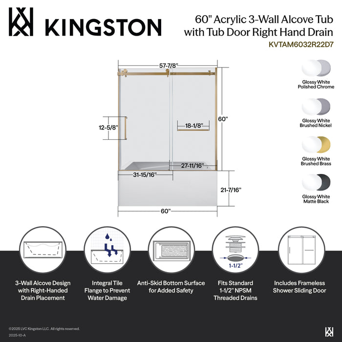 Kingston Tulare KVTAM6032R22D160-Inch Acrylic Rectangular 3-Wall Anti-Skid Alcove Tub Combo with Tub Door (Right Hand Drain), White/Polished Chrome