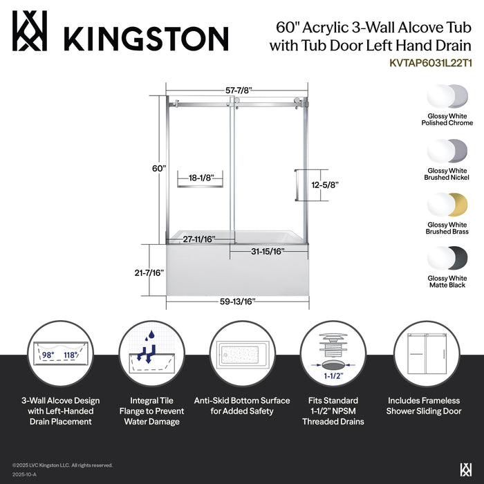 Kingston Tulare KVTAP6031L22T160-Inch Acrylic Rectangular 3-Wall Anti-Skid Alcove Tub Combo with Tub Door (Left Hand Drain), White/Polished Chrome