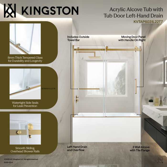 Kingston Tulare KVTAP6031L22T860-Inch Acrylic Rectangular 3-Wall Anti-Skid Alcove Tub Combo with Tub Door (Left Hand Drain), White/Brushed Nickel