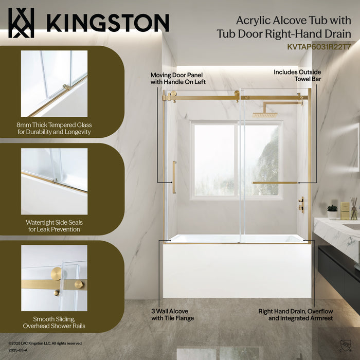 Kingston Tulare KVTAP6031R22T060-Inch Acrylic Rectangular 3-Wall Anti-Skid Alcove Tub Combo with Tub Door (Right Hand Drain), White/Matte Black