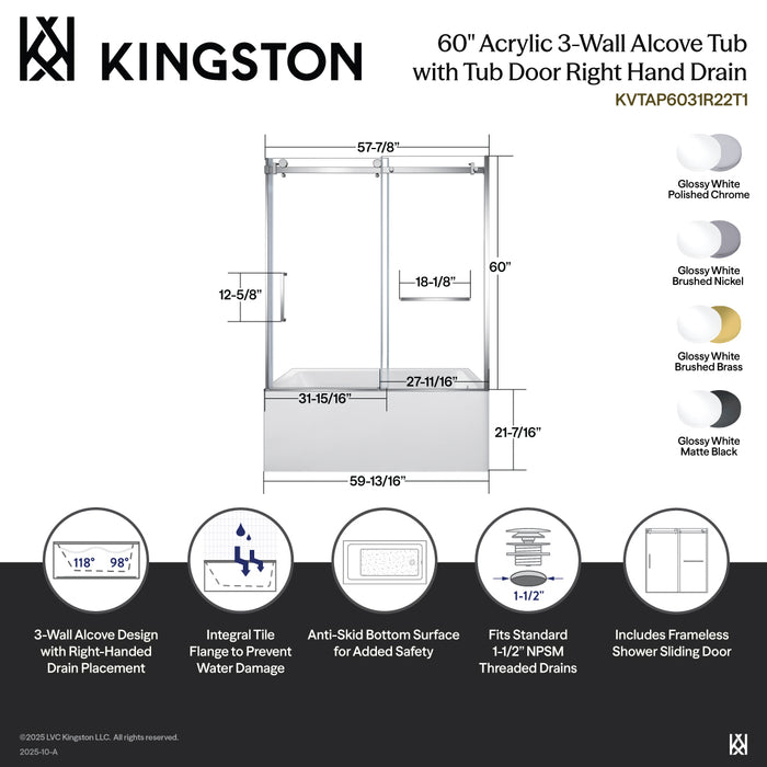 Kingston Tulare KVTAP6031R22T760-Inch Acrylic Rectangular 3-Wall Anti-Skid Alcove Tub Combo with Tub Door (Right Hand Drain), White/Brushed Brass