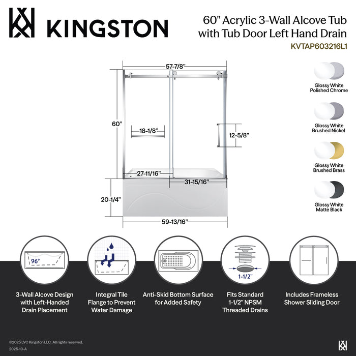 Kingston Tulare KVTAP603216L060-Inch Acrylic Rectangular 3-Wall Anti-Skid Alcove Tub Combo with Tub Door (Left Hand Drain), White/Matte Black