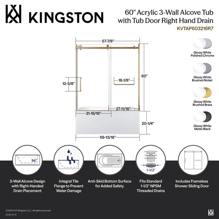 Kingston Tulare KVTAP603216R160-Inch Acrylic Rectangular 3-Wall Anti-Skid Alcove Tub Combo with Tub Door (Right Hand Drain), White/Polished Chrome